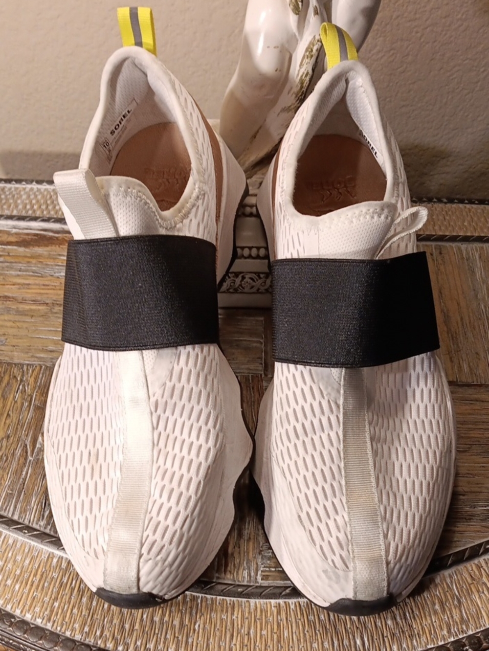 Sorel White Mesh Slip-On Sneakers with Black Strap and Tan Heel